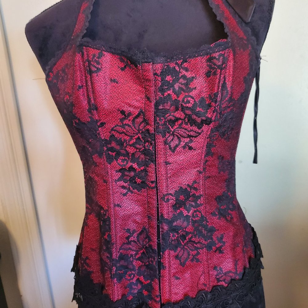 Frederick's Red & Black Corset Top with Halter Tie/Strap